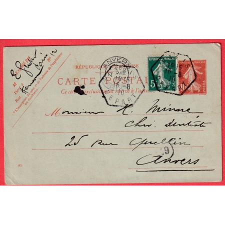 ENTIER 10C SEMEUSE + N°137 LEVEE EXCEPTIONNELLE PARIS DEPART ANVERS BELGIQUE