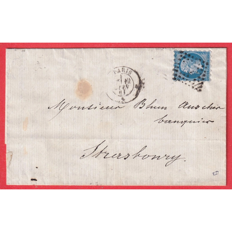 N°14 PIQUAGE SUSSE PARIS BUREAU J POUR STRASBOURG BAS RHIN 1861
