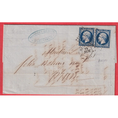 N°14 VARIETE POSTFS 1ER ETAT 2 EXEMPLAIRES SUR LA MEME LETTRE PC 1896 MARSEILLE BUREAU 2 ORAN ALGERIE