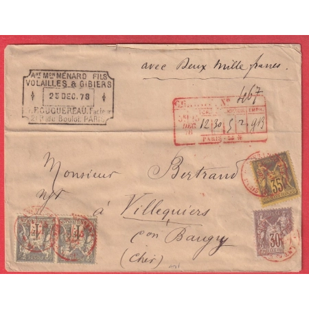 N° 69 72 PAIRE  93 CAD ROUGE PARIS AFFRANCHISSEMENT AVIS CHARGEMENT ROUGE SUR RECTO VILLEQUIERS CHER AMBULANT PARIS BOURGES