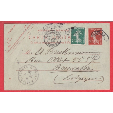 ENTIER 10C SEMEUSE + N°137 LEVEE EXCEPTIONNELLE PARIS 50 ST DENIS BRUXELLES BELGIQUE AMBULANT PARIS A VALENCIENNES 1906