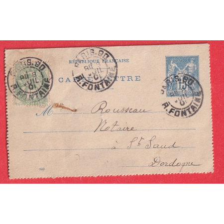 ENTIER 10C SAGE N° 111 LEVEE EXCEPTIONNELLE PARIS 90 R FONTAINE 9E 1901 POUR ST SAUD DORDOGNE