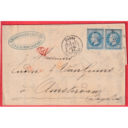 N°29 PAIRE PARIS ETOILE 24 R DE CLERY POUR AMSTERDAM PAYS BAS 1868