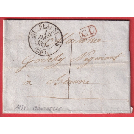 CAD TYPE 12 BEAUNE COTE D'OR TAXE LOCALE 1 CL ROUGE TEXTE DE MONTHELIE 1834