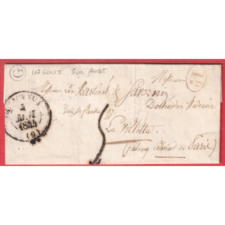 CAD TYPE 13 CLAIRVAUX AUBE TAXE TAMPON 5 1844 BOITE RURALE G LA FERTE SUR AUBE DECIME RURAL POUR LA VILLETTE PARIS