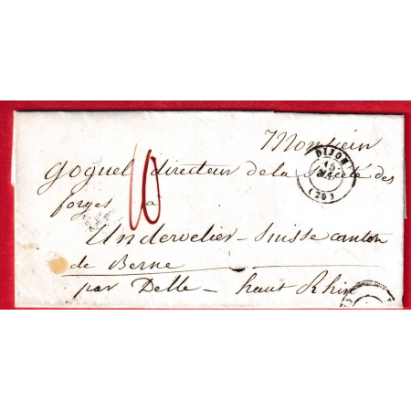 CAD TYPE 15 DIJON COTE D'OR TAXE 10 EN ROUGE POUR UNDERVELIER SUISSE ENTREE PAR DELLE