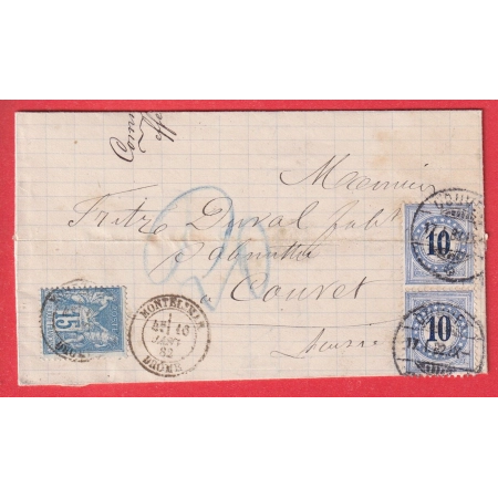 N°90 MONTELIMAR DROME 1882 TAXE SUISSE 20C 2 X 10C BLEU COUVET SUISSE