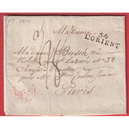 BELLE TAXE 28 SUR MARQUE 54 LORIENT MORBIHAN 1810 POUR PARIS