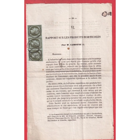 N°11 BANDE DE TROIS CAD RIOM PUY DE DOME 1861 SUR IMPRIME SOCIETE HORTICULTURE PUY DE DOME