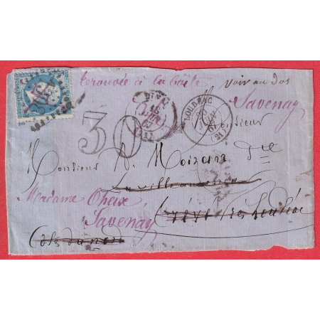 N°22 TROUVEE A LA BOITE SAVENAY LOIRE INFERIEURE TAXE 30 TAMPON GC 1308 DINAN LOUDEAC COTES DU NORD DEVANT DE LETTRE