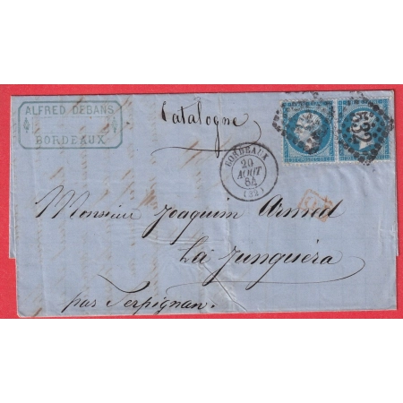 N°22 PAIRE GC 532 BORDEAUX GIRONDE POUR LA JUNGUERA ESPAGNE SPAIN 1864 VIA PERPIGNAN