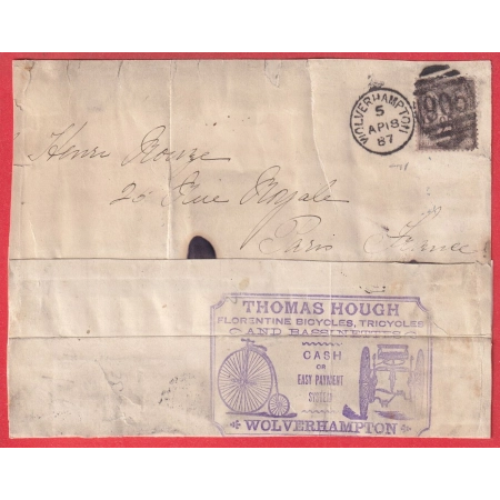 N°97 CAD ANGLAIS DIT KILLER VOLVERHAMPTON 1887 POUR PARIS PUB VELO GRAND BI DEVANT DE LETTRE