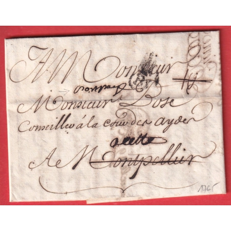 MARQUE B COURONNE BORDEAUX GIRONDE 1765 MENTION PORT PAYE MONTPELLIER HERAULT PRECURSEUR DEBOURSE REEXPEDIEE CETTE