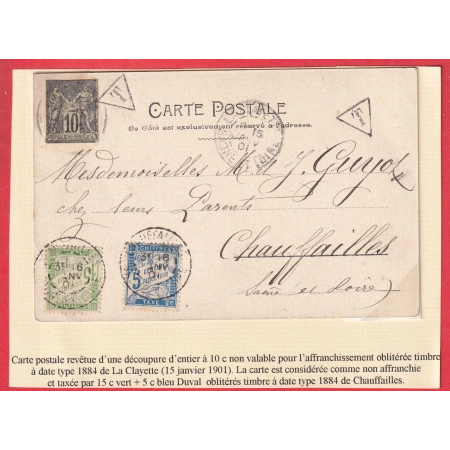 ENTIER DECOUPE 10C SAGE LA CLAYETTE SAONE ET LOIRE TAXE 20C TYPE DUVAL 5C BLEU 15C VERT CHAUFFAILLES 1901