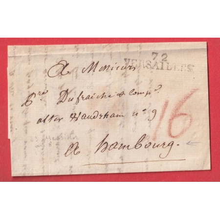 MARQUE 72 VERSAILLES SEINE ET OISE POUR HAMBOURG ALLEMAGNE TAXE ALLEMANDE 16