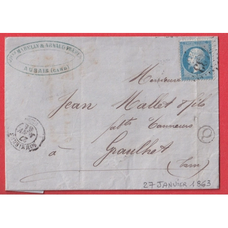N°22 GC 3433 SOMMIERES GARD BOITE RURALE Q AUBAIS POUR GRAULHET TARN 1864