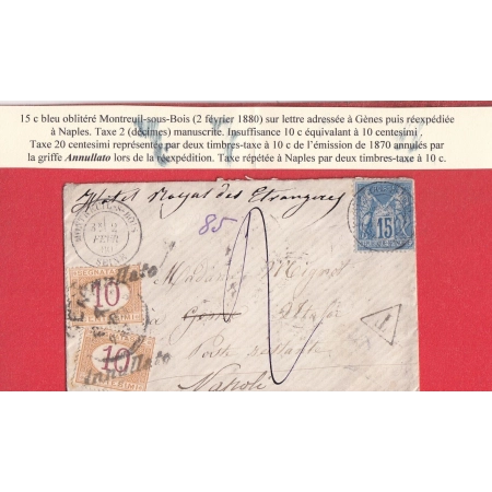 N°90 MONTREUIL SOUS BOIS SEINE 1880 TAXE ITALIE GENOVA GRIFFE ANNULLATO PUIS TAXE 20C NAPLES NAPOLI ITALIA