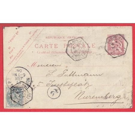 ENTIER REPIQUE 10C MOUCHON + N°111 PARIS LEVEE EXCEPTIONNELLE R DE CLERY NUREMBERG ALLEMAGNE 1904