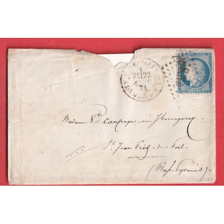 N°37 GC ASNA VERSAILLES ASSEMBLEE NATIONALE 22 AOUT 1871 POUR ST JEAN PIED DE PORT BASSES PYRENEES