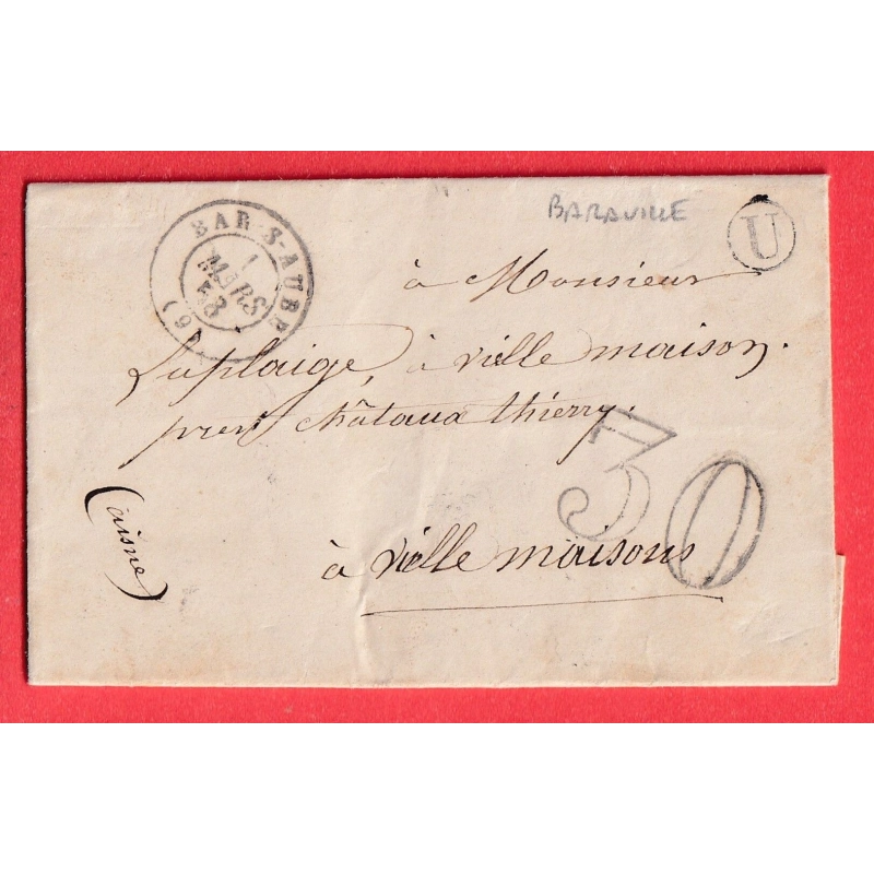 CAD TYPE 15 BAR SUR AUBE TAXE TAMPON 30C BOITE RURALE U BAROVILLE POUR VIELS MAISONS AISNE