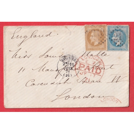 N°28 29 GC 2105 LOUVIERS EURE POUR LONDRES LONDON ANGLETERRE JUILLET 1871
