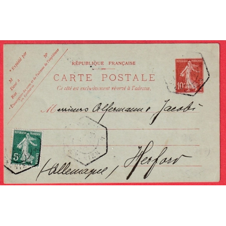 ENTIER SEMEUSE 10C ROUGE  + N°137 LEVEE EXCEPTIONNELLE PARIS R D'ENGHIEN POUR HERFORD ALLEMAGNE