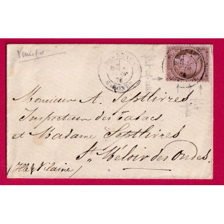N°54 CAD TYPE 18 BORDEAUX GIRONDE POUR ST MELOIR DES ONDES ILLE ET VILAINE TARIF IMPRIME ENVELOPPE NON FERMEE VARIETE