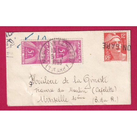 12F GANDON ORANGE GRIFFE DE GARE TAXE 5F ROSE TIMBRE TAXE TYPE GERBE SUR MIGNONETTE 1953