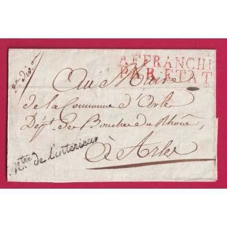 FRANCHISE MINISTRE DE L'INTERIEUR PARIS POUR ARLES BOUCHES DU RHONE AN 9 1801