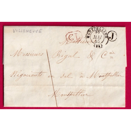 CAD TYPE 15 MONTPELLIER HERAULT 1845 CL ROUGE TAXE LOCALE 1 BOITE RURALE J SALIN DE VILLENEUVE