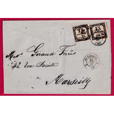 TIMBRE TAXE N°3 X2 TTB SUR LETTRE ACHEMINE DE LIVOURNE ITALIE ITALIA DOUBLE PORT LOCAL MARSEILLE POUR MARSEILLE 1867