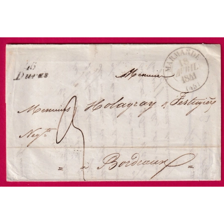 CURSIVE 45 DURAS LOT ET GARONNE CAD TYPE 13 MARMANDE 1841 BORDEAUX