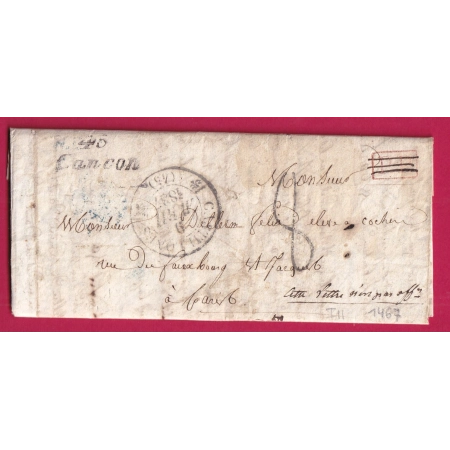 CURSIVE 45 CANCON LOT ET GARONNE TYPE 12 CASTILLONES 1837 PP ANNULE TAXE TAMPON 8 POUR PARIS INDICE 11