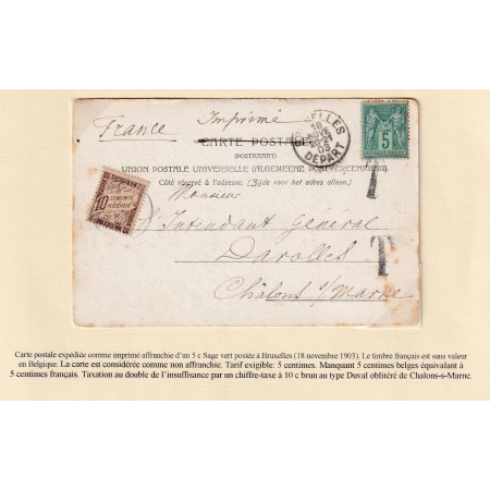 N°75 TAXE POSTE EN BELGIQUE BRUXELLES 1903 POUR CHALONS SUR MARNE TAXE 10C MARRON TYPE DUVAL