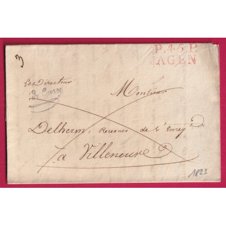 MARQUE P45P AGEN LOT ET GARONNE EN ROUGE FRANCHISE LE DIRECTEUR DES DOMAINES GRIFFE TAMPON POUR VILLENEUVE 1823