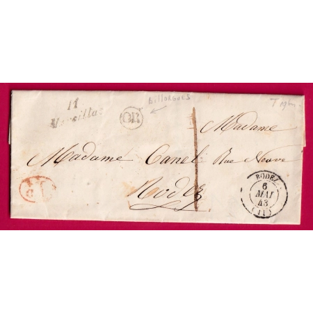 CURSIVE 11 MARCILLAC AVEYRON OR BILLORGUES + DECIME RURAL TAXE 1 LOCALE 1843 POUR RODEZ