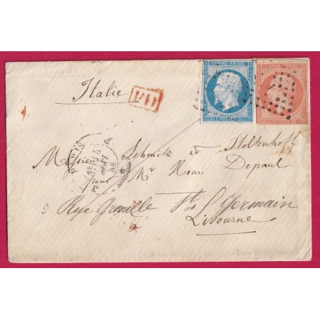 N°16 14 PARIS BUREAU J POUR LIVOURNE LIVORNO ITALIE ITALIA 1858