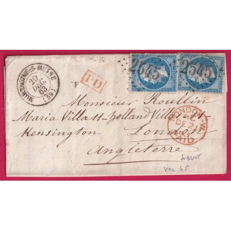 N°22 GC 2545 UN TIMBRE VARIETE SUARNET N°45 GC 2545 MORTAGNE SUR HUINE ORNE POUR LONDRES ANGLETERRE