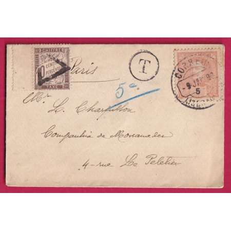 PORTUGAL LISBONNE LISBOA 1890 TAXE 10C TYPE DUVAL PARIS TRIANGLE BUREAU CENTRAL