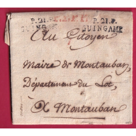 MARQUE P21P GUINGAMP 1801 AN9 POUR MONTAUBAN LOT ET GARONNE PPPP EN ROUGE INDICE 12