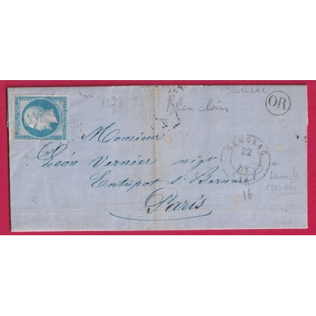 N°14 PC 1378 GEMOZAC CHARENTE INFERIEURE OR SOUILLAC POUR PARIS CAD SANS MOIS