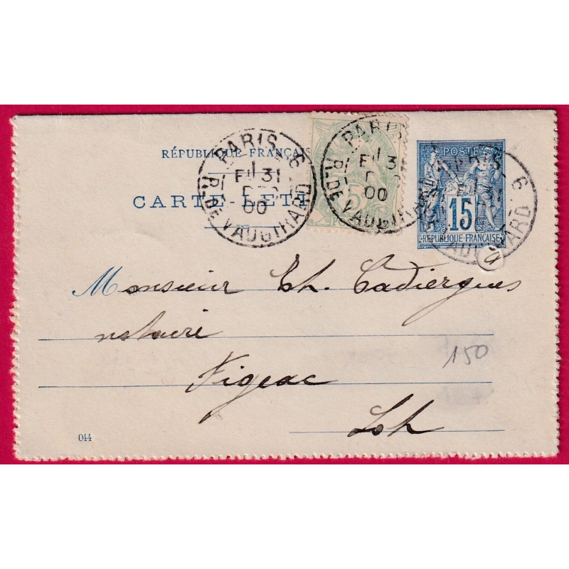 ENTIER SAGE 15C BLEU + N°111 PARIS R DE VAUGIRARD LEVEE EXCEPTIONNELLE E1 POUR FIGEAC LOT CARTE PERFOREE