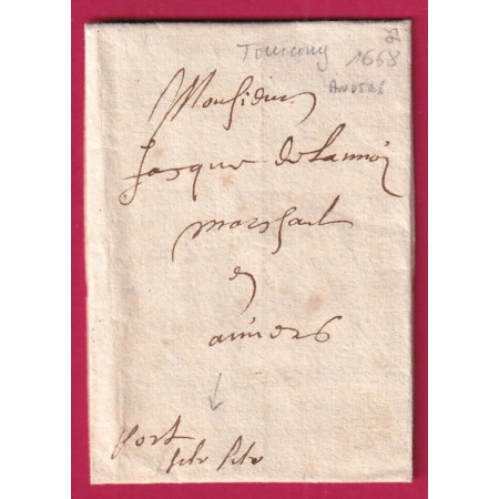 LETTRE DE TOURCOING NORD 1668 MENTION PORT PAR LILLE POUR ANVERS BELGIQUE