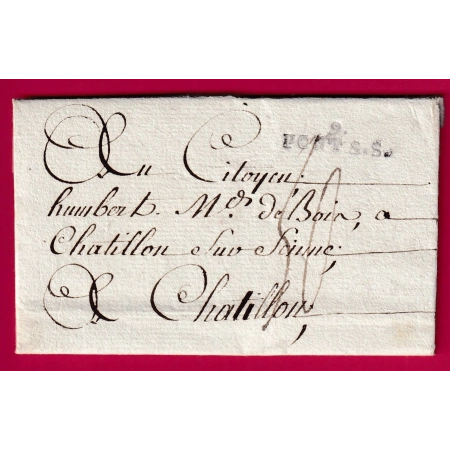 MARQUE PONT S.S. SUR SEINE AUBE AN 4 1796 TEXTE MARCILLY SUR SEINE POUR CHATILLON SUR SEINE INDICE 16