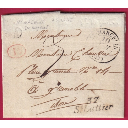 CURSIVE 37 ST LATTIER ISERE BOITE RURALE A ST NAZAIRE EN ROYANS + DECIME RURAL POUR GRENOBLE 1839 INDICE 11