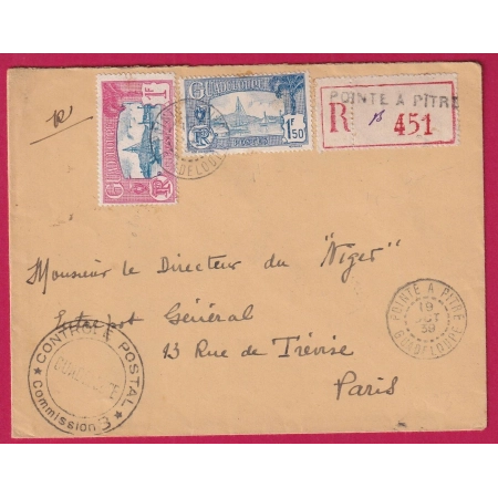 GUADELOUPE RECOMMANDE POINTE A PITRE 1939 CENSURE CONTROLE POSTAL GUADELOUPE POUR PARIS