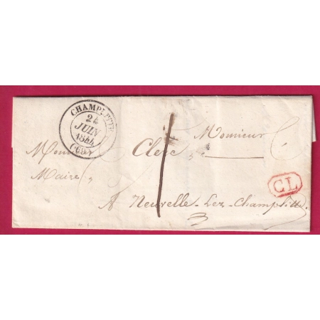 CAD TYPE 14 CHAMPLITTE 1844 CL EN ROUGE TAXE LOCALE 1 POUR NEUVELLE LEZ CHAMPLITTE