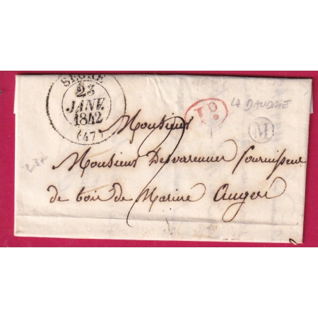 CAD TYPE 13 SEGRE MAINE ET LOIRE 1842 BOITE RURALE M LA DAUDAIE DECIME RURAL POUR ANGERS