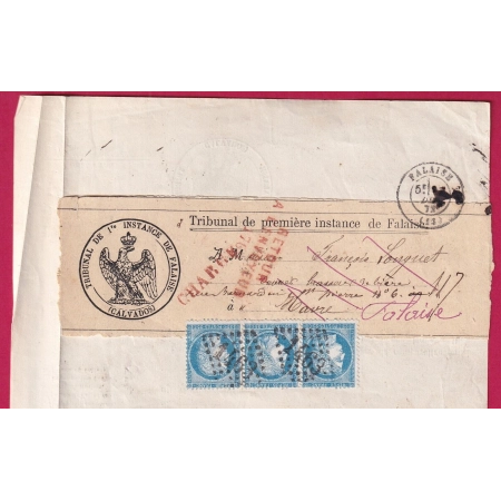 N°60 BANDE DE 3 GC 1643 FALAISE CALVADOS POUR LE HAVRE SEINE INFERIEURE 1872 DEVANT DE LETTRE