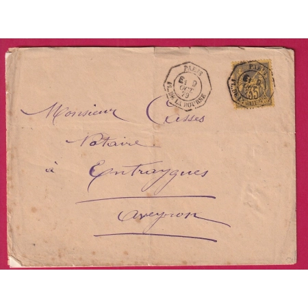 N°93 SEUL SUR LETTRE LEVEE EXCEPTIONNELLE PARIS PL DE LA BOURSE LEVEE E1 POUR ENTRAYGUES AVEYRON 1879 SIGNE ROUMET